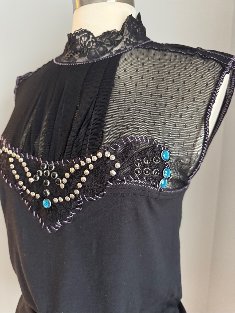 Free People Vintage NWOT Mesh & Studded Lace Top - Black, Size L